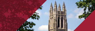 Barbelin tower stands out in front of a blue sky with diagonal crimson graphics on either side