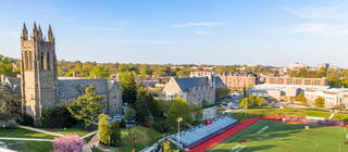 An aerial photo of Barbelin Hall and Sweeney Field on Saint Joseph's Hawk Hill campus