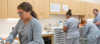 Nursing students prepare for training exercise at nurses station in the Center for Excellence in Practice